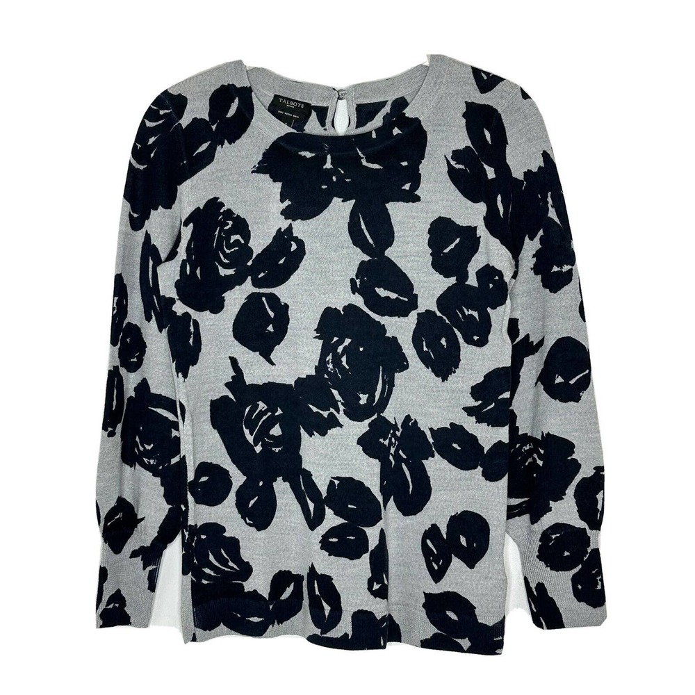 New $99 Talbots Navy Gray Floral 100% Pure Merino Wool Lightweight Sweater Sz P
